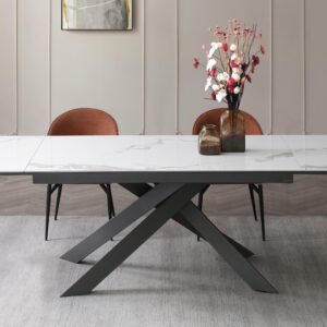 Table à manger extensible en céramique - Effet marbre blanc et anthracite