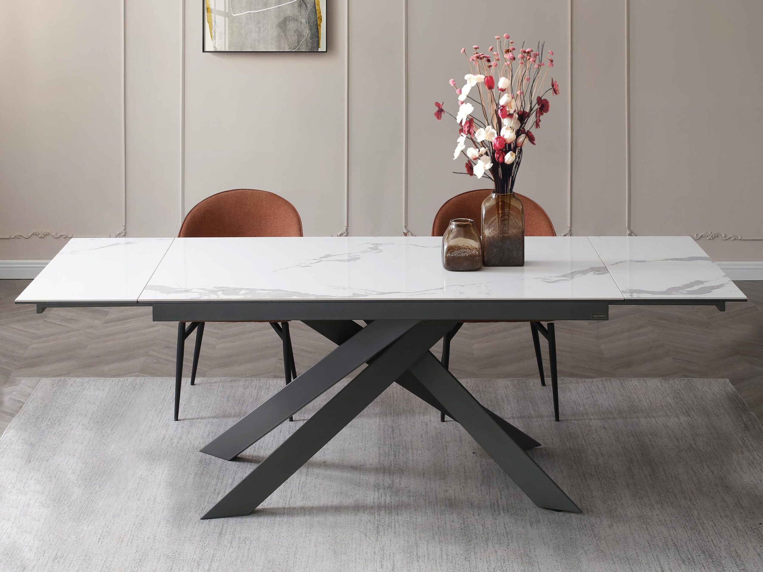 Table à manger extensible en céramique - Effet marbre blanc et anthracite