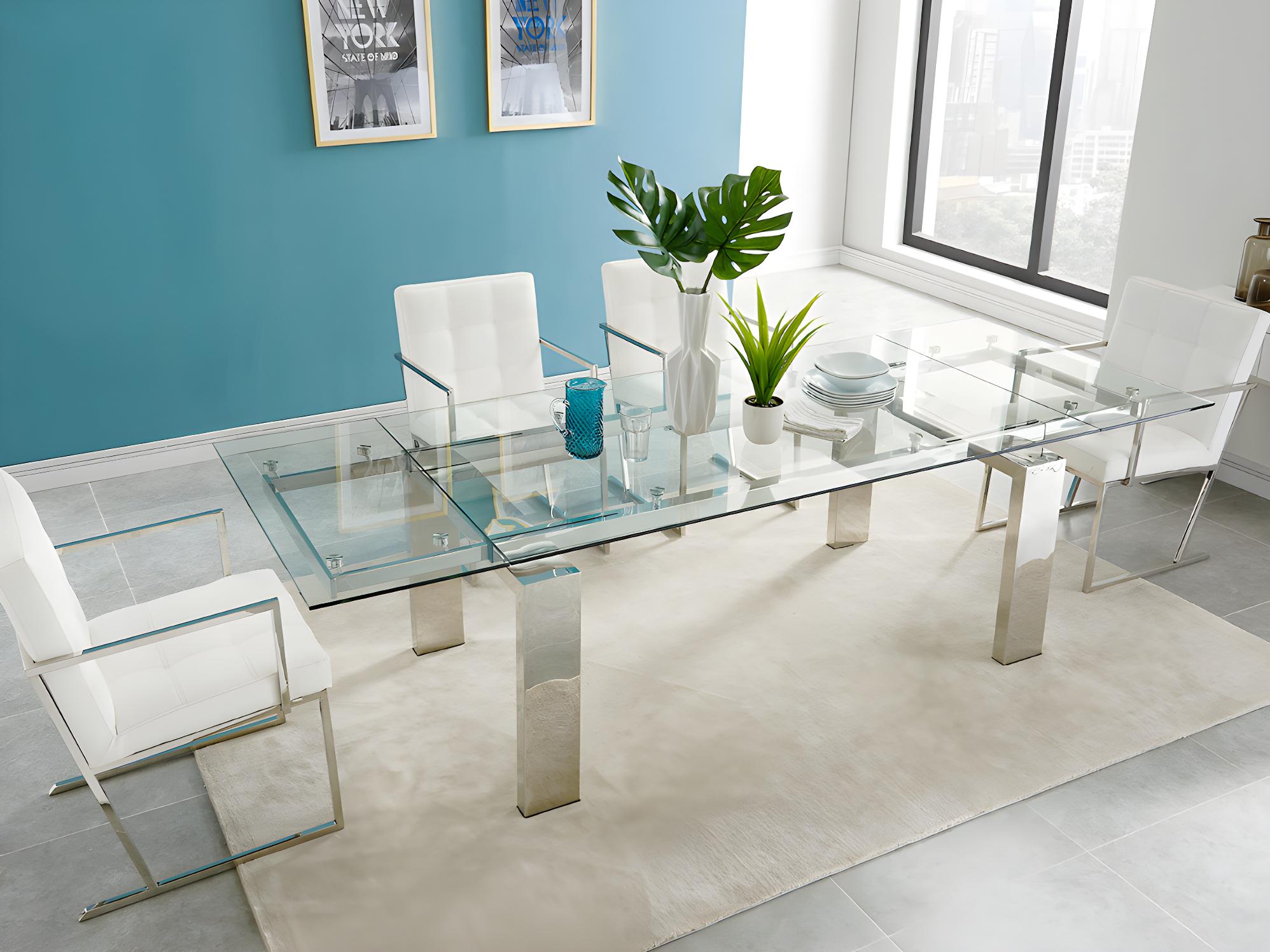 Table à manger transparente - extensible en verre trempé